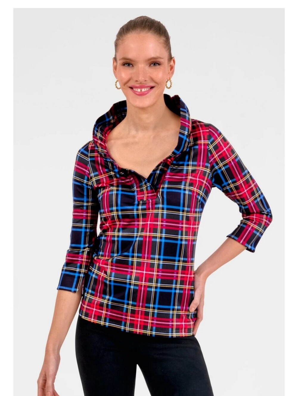 Gretchen Scott Goddess Black Multi Ruffneck 3/4 Sleeve Top Stewart Plaid XXXL